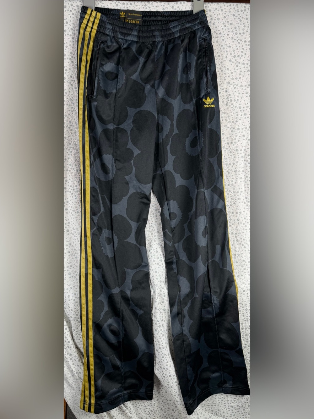 Marimekko x Adidas Black Floral Track Pants with Yellow Stripes